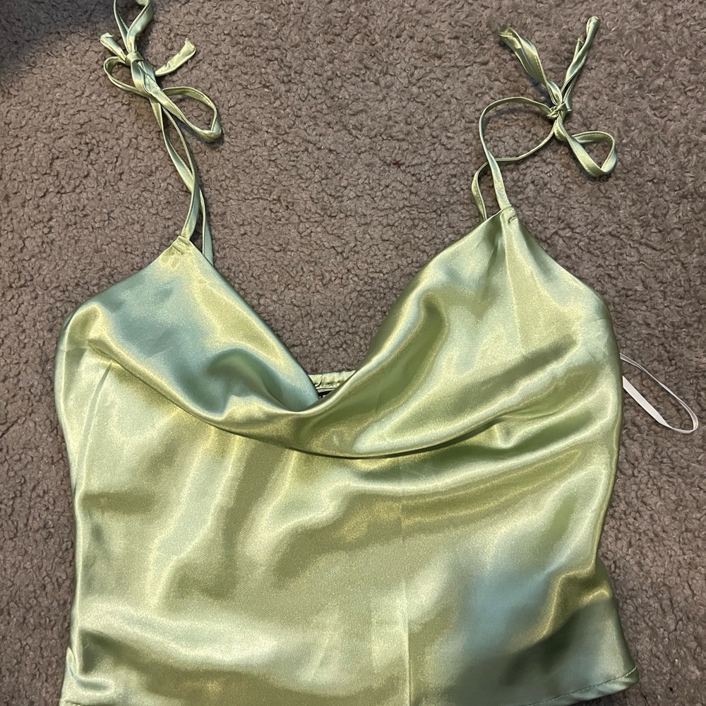 Satin Cowl neck sage green top